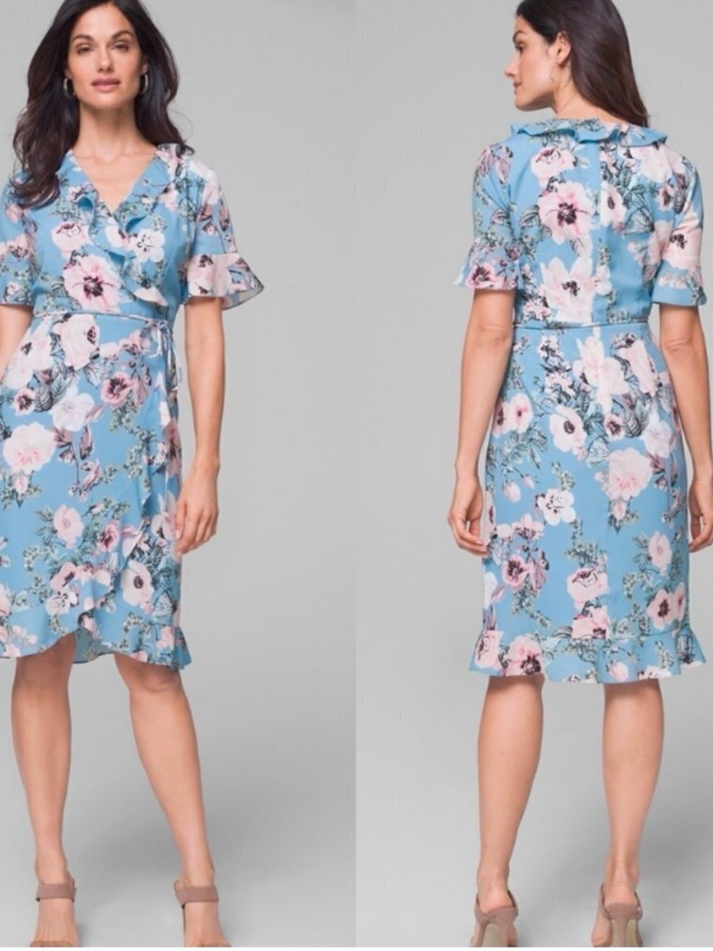 Floral Ruffle Wrap Midi Dress in Light Blue